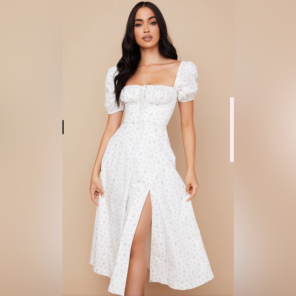 HOUSE OF CB TALLULAH white FLORAL PUFF SLEEVE MIDI DRESS size m